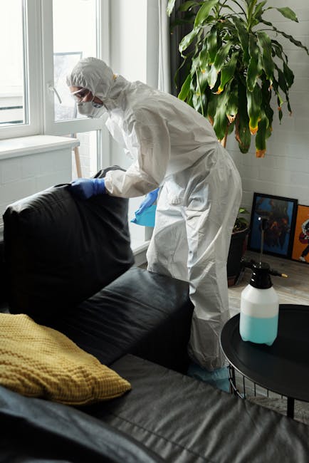 A person wearing full protective clothing, including a white coverall, gloves, gloves, a face mask, and goggles, is performing surface cleaning or sanitisation in a bright living room. They are standi